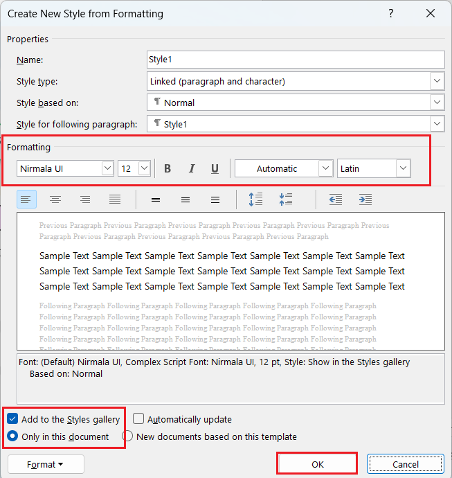 Create a new style formatting