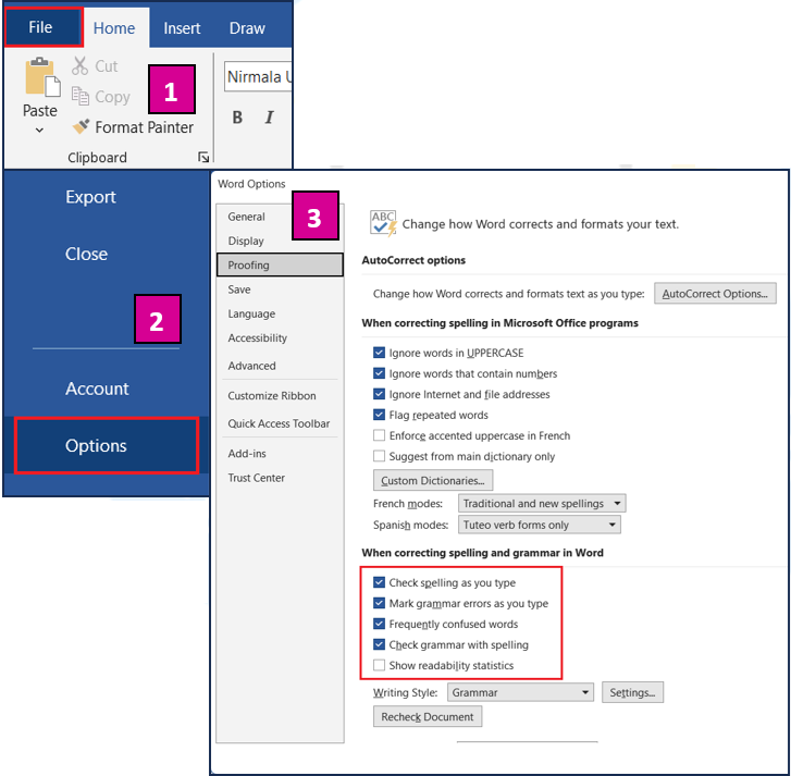 Proofing Options Settings