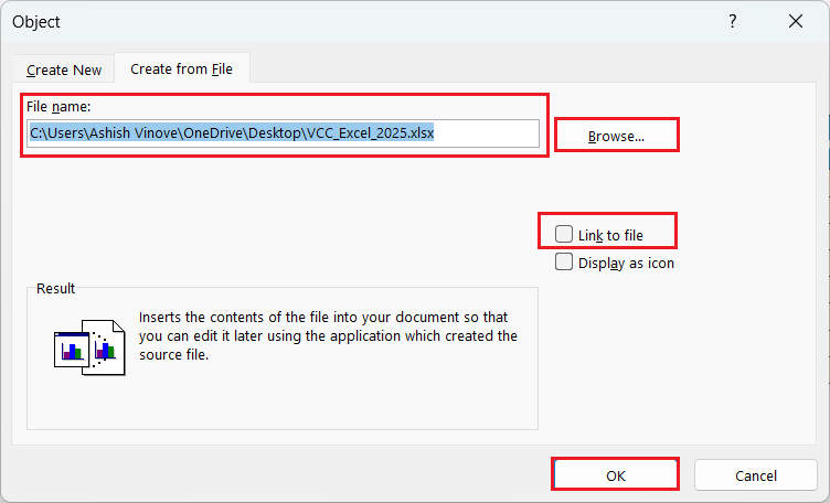 Uncheck Link to File